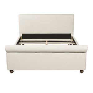 English Elm Queen Linen Upholstered Bed Frame Thick Rolled Headboard Solid Rubberwood Legs Bedroom Beige N757Q384827I