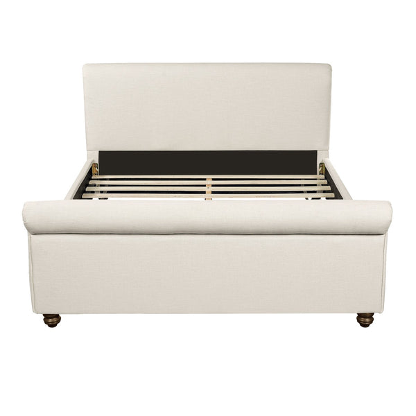 English Elm Queen Linen Upholstered Bed Frame Thick Rolled Headboard Solid Rubberwood Legs Bedroom Beige N757Q384827I