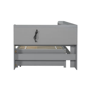 English Elm Twin Size L-Shaped Bookcase Bed With Usb Charging, Drawers, And Stylish Grey Finish For Modern Rooms W504S00218-GIGA