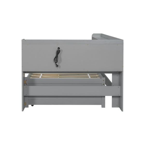 English Elm Twin Size L-Shaped Bookcase Bed With Usb Charging, Drawers, And Stylish Grey Finish For Modern Rooms W504S00218-GIGA