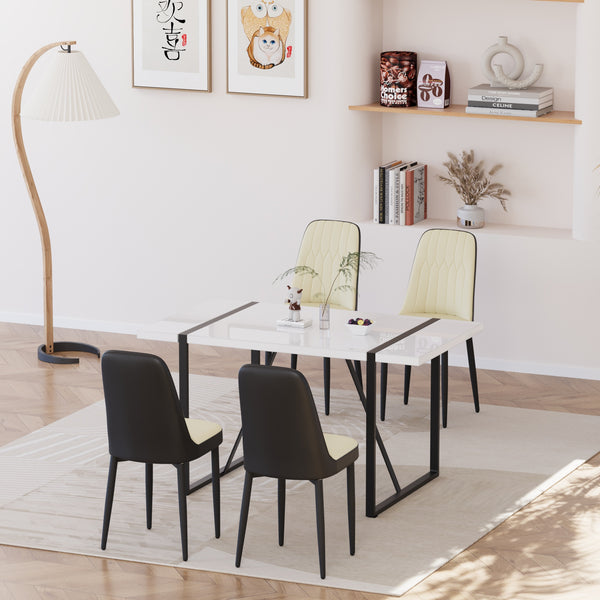 English Elm 55 Inch Industrial Dining Set White Mdf Table Matte Black Legs Four Padded Pu Chairs Beige+Black,White W2189S00853