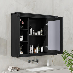 English Elm 35'' Modern Wall Medicine Cabinet with Mirror, Black MDF Storage, Soft-Close Hinges, Towel Rod, Adjustable Shelves N710P197128B