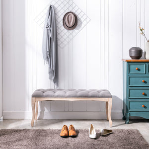 English Elm Bedroom Bench Tufted Linen Seat with Carved Distressed Wood Legs French Country Style Grey W3244P493669