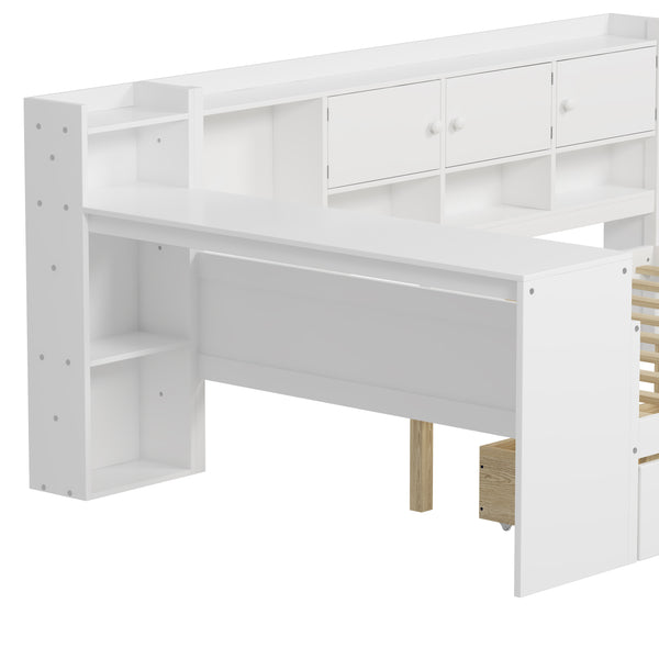 English Elm Wooden L-shape Twin Daybed with Desk Bookshelf and Nine Storage Compartments N733S351668K