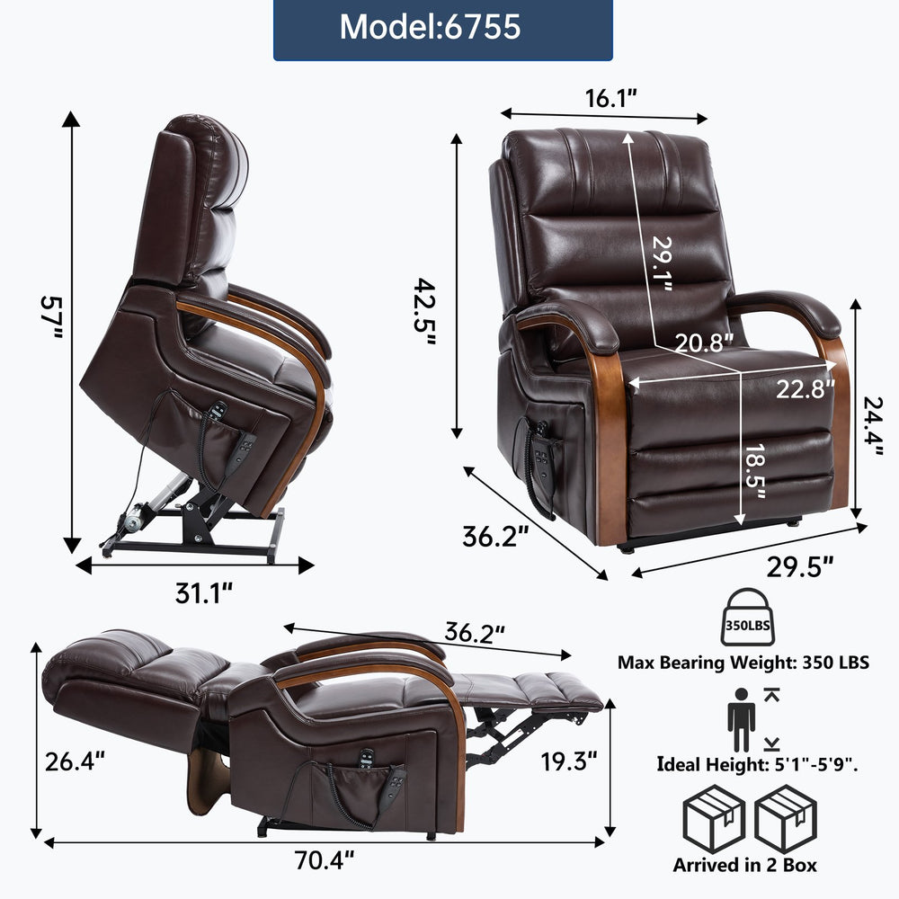 English Elm Power Lift Recliner with Dual Motor Heat Massage Wood Armrests Brown Leatheraire W1803S00080