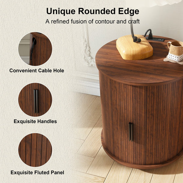 English Elm Mid Century Walnut Round End Table with Charging Station and Sliding Door Storage W2700P385517