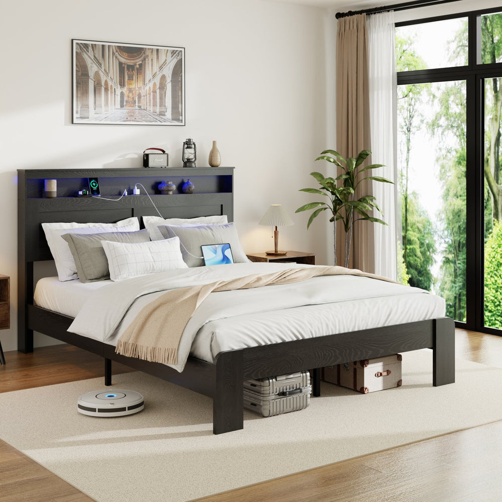 English Elm Bed King Platform Frame with Led Headboard Usb Charging Wood Slats Dark Finish W636P265340