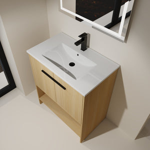 English Elm 30" Bathroom Vanity With Integrated Ceramic Sink, Soft-Close Doors & Open Shelf For Easy Storage W1972S00017
