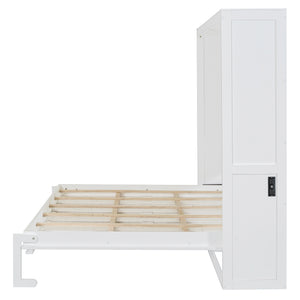 English Elm Queen Murphy Wall Bed Rattan Cabinet Front Folds Slim for Studio or Guest Room White N708S00012K-2