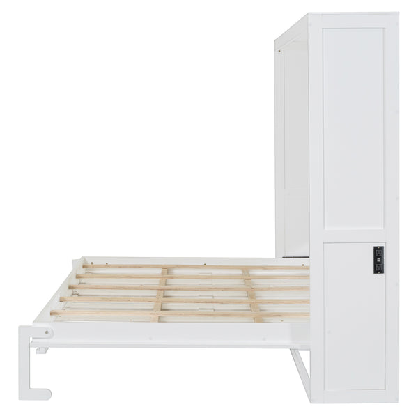 English Elm Queen Murphy Wall Bed Rattan Cabinet Front Folds Slim for Studio or Guest Room White N708S00012K-2