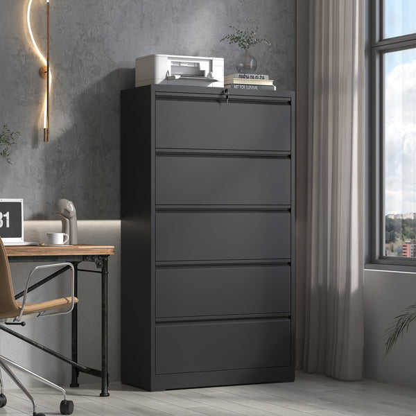 English Elm 5 Drawer Metal Lateral File Cabinet with Secure Locking System, Smooth Powder Coat, Quiet Ball-Bearing Slides for Heavy-Duty Legal and A4 Document Organization Black T2398P182180