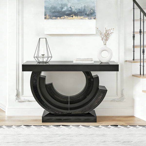 English Elm Mirrored Console Table with Diamond Inlay Double O Base Glam Entryway Accent Black W3836P420833