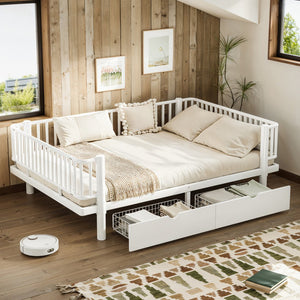 English Elm Full Size Metal Platform Storage Bed Low Profile Steel Frame with Built-in Drawers Light White W5305P471351