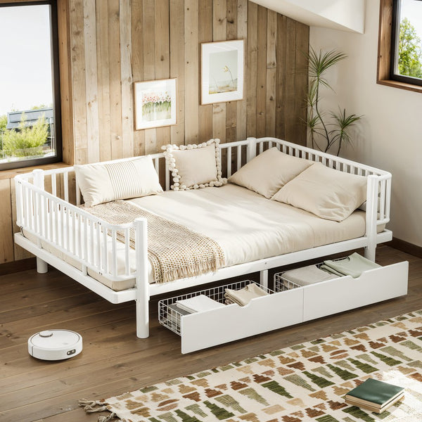 English Elm Full Size Metal Platform Storage Bed Low Profile Steel Frame with Built-in Drawers Light White W5305P471351