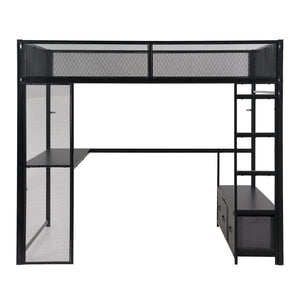 English Elm Full Metal Gaming Loft Bed with LED Lighting, Built-In Desk, Open Wardrobe and 3 Drawers for Space-Saving Comfort Black GX001133AAB