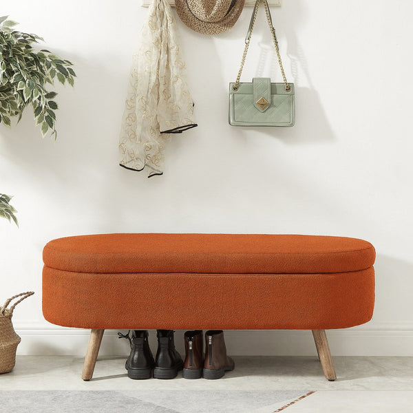 English Elm Luxury Boucle Oval Ottoman Bench with Hidden Storage Rubberwood Legs Entryway Seat Orange W2186P430720