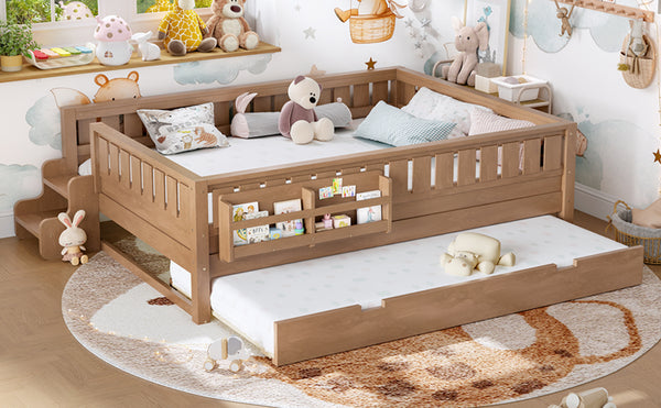 English Elm Queen Bunk Bed with Trundle Solid Pine Kids Car Themed Frame Built-in Bookshelf Natural W1580S00564