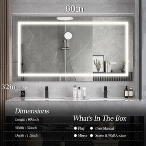 English Elm 60" LED Bathroom Mirror 60" x 32" Frameless Lighted Wall Mirror with Anti-Fog Touch Sensor, Dimmable Color Temps and Shatterproof Glass W2312P368817