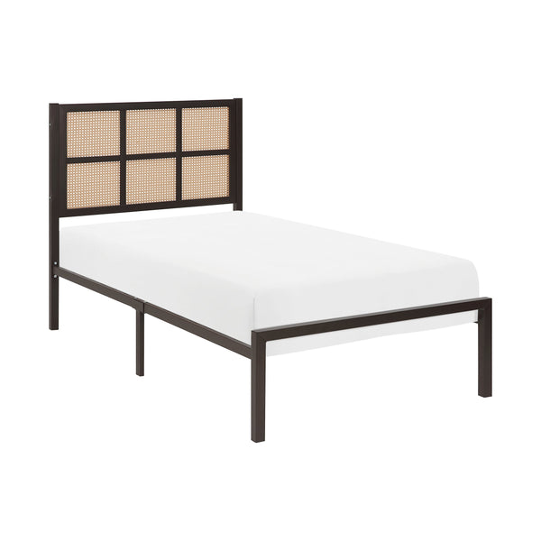 English Elm 1pc Twin Platform Bed with Dark Metal Frame and Faux Cane Panel Headboard, Coastal Casual Design, No Box Spring Needed Bronze 47.25 L x 28 W x 3.75 H B011P214033