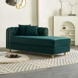 English Elm 66.9''W Velvet Chaise Lounge with Tufted Back and Gold Trim, Luxury Modern Sofa for Living Room Green W579P224636