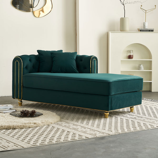 English Elm 66.9''W Velvet Chaise Lounge with Tufted Back and Gold Trim, Luxury Modern Sofa for Living Room Green W579P224636