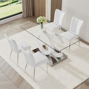 English Elm 1 Table and 4 Chairs Set.63"X35.4 Rectangular Transprant Tempered Glass Dining Tabletop With White Mdf Oc Shaped Bracket.Paired With 4 White Pu Chairs With A Vertical Stripe Design On The Backrest.