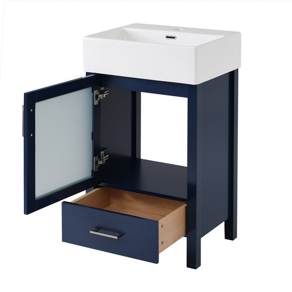 English Elm 20-Inch modern bathroom vanity with ceramic sink, soft-close door and ample storage for small spaces Blue WF324691AAC