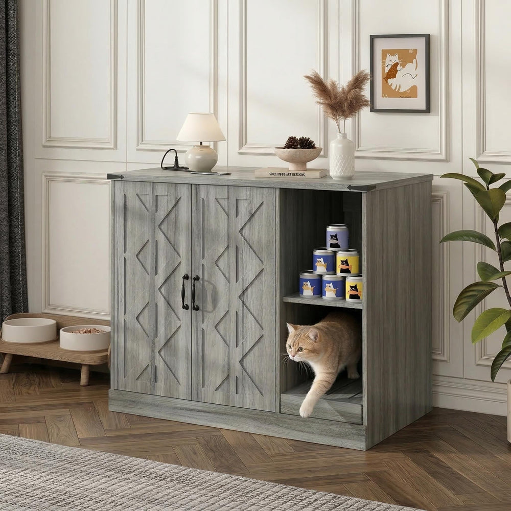 English Elm Cat Litter Box Cabinet Gray Mdf with Built-in Power Outlet and Geometric Door Design N704P414606E