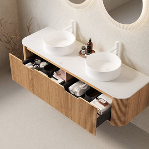 English Elm Dina 60" Wall-Mounted Bathroom Vanity With 2 Round Sinks & Striped Wood Storage, Pre-Assembled W2615S00109