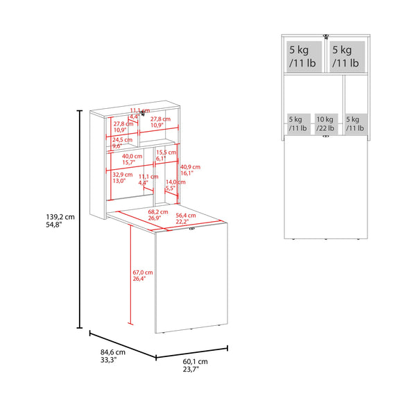 English Elm White Wall-Mounted Drop-Leaf Table with 4 Spacious Shelves, Foldable Space-Saving Modern Storage B062P290227