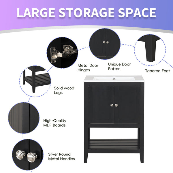 English Elm 24" Modern Sleek Bathroom Vanity with Ceramic Sink, Solid Wood Frame, Waterproof Finish and Open Shelf Storage Black N725P246473B