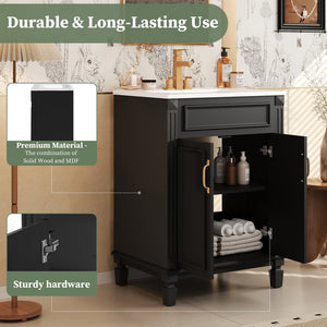 English Elm 24'' Bathroom Vanity with Sink - Solid Wood Frame, Glossy Ceramic Basin, Soft-Close Doors & Ample Storage Elegant Modern Design, Durable MDF Construction, Retro Metal Handles, Compact 24-inch Cabinet Black N710P317675B