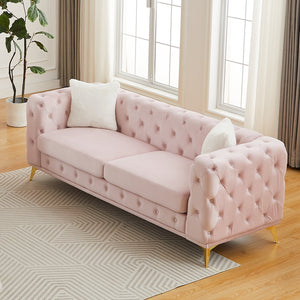 English Elm Fx Chesterfield Velvet Sofa with Diamond Tufting Polished Legs and Accent Pillows Pink W1926S00082