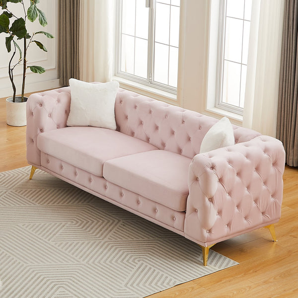 English Elm Fx Chesterfield Velvet Sofa with Diamond Tufting Polished Legs and Accent Pillows Pink W1926S00082
