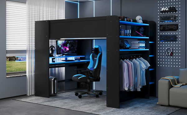 English Elm Full Size Gaming Bunk Bed with Rgb Lighting Integrated Desk Wardrobe and Storage Blue LT100266AAC