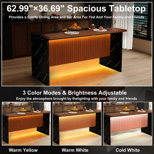 English Elm 63" Modern Kitchen Island with Black Marble-Look Surface, LED Ambient Lighting & Grille Accent Walnut+black W2699P365915
