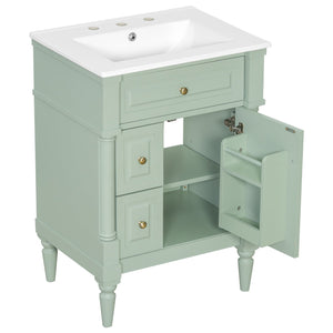 English Elm 24 Inch Freestanding Vanity with Ceramic Sink Rubberwood Frame Matte Finish Storage Green N725P356058F