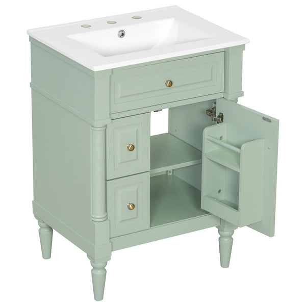 English Elm 24 Inch Freestanding Vanity with Ceramic Sink Rubberwood Frame Matte Finish Storage Green N725P356058F