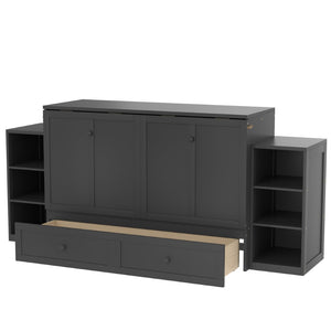 English Elm Queen Vintage Dark Gray Murphy Bed With Storage Drawers & Shelves - Perfect For Compact Spaces! W1580S00257-GIGA