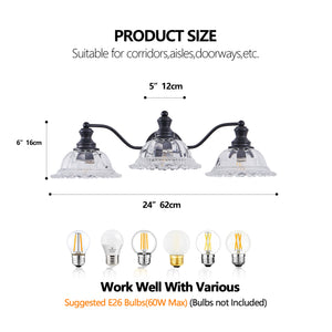 English Elm 24 Vintage 3-Light Bathroom Wall Sconce with Iron and Glass Shades - Elegant Vanity Fixture for Mirror Black W1340P284601