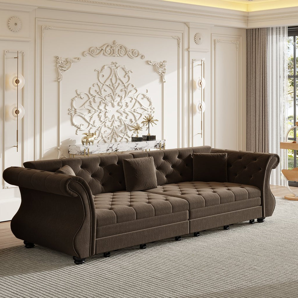 English Elm 97.6" Oversized Velvet Chesterfield Sleeper Sofa Floral Tufted Roll Arm Living Room Couch Brown W1885S00399
