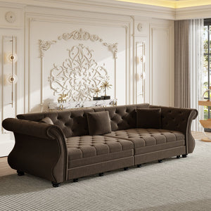 English Elm 97.6" Oversized Velvet Chesterfield Sleeper Sofa Floral Tufted Roll Arm Living Room Couch Brown W1885S00399