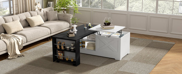 English Elm U-can Farmhouse Lift Top Coffee Table Barn Door Hidden Storage Living Room White+Black N724P351732K