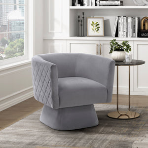 English Elm 1pc Swivel Chair with Velvet Upholstery and Solid Wood Base, Diamond-Stitched Back, Comfortable Lounge Seat Gray 29.5 L x 28.5 W x 19 H B011P287559