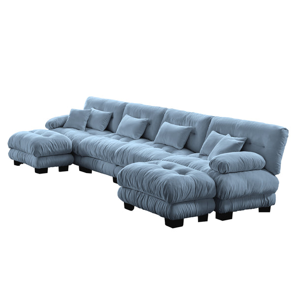 English Elm Free Modular Sectional Sofa - U-Shaped 4-Seater Couch With 2 Ottomans In Vintage Chenille Blue Fabric W714S01180