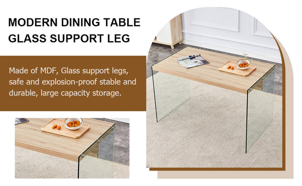 English Elm Table And Chair Set - Modern Wood Texture Mdf Coffee Table With Glass Legs & 4 Transparent Chairs W1151S02076-GIGA