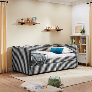 English Elm Twin Gingham Linen Daybed with Wave Silhouette Usb Port and Dual Storage Drawers Black W1413S00145