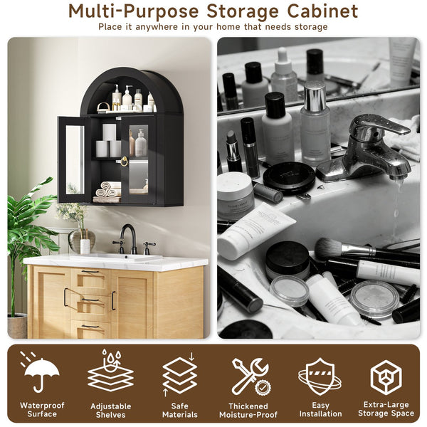 English Elm Wall Mounted Arched Cabinet Tempered Glass Doors Led Lighting Adjustable Shelves Bathroom Black T3210P471555