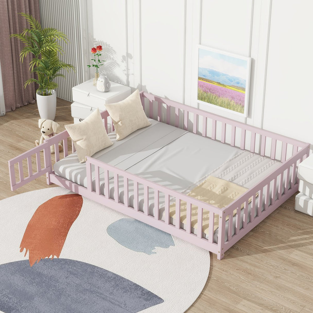 English Elm Twin Solid Rubberwood Floor Bed with Full Perimeter Safety Rails for Toddler Rooms Pink W504P296791