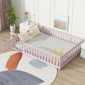 English Elm Twin Solid Rubberwood Floor Bed with Full Perimeter Safety Rails for Toddler Rooms Pink W504P296791